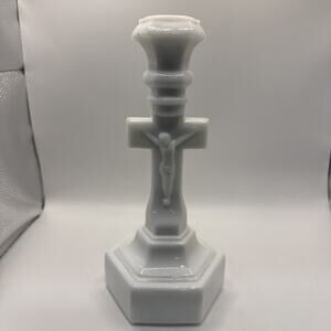 VTG Pressed Milk Glass, Crucifix Candlestick Holder 6 Sided Base *